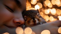 Baby squirrel sleeping peacefully with warm bokeh lights in background creating magical atmosphere. Cozy wildlife moment captured in soft evening glow.