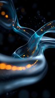 Abstract flowing curves with glowing blue and orange particles creating dynamic motion effect against dark background, suitable for tech and innovation designs.