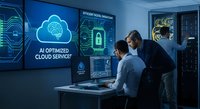 Two professional IT specialists analyzing AI cloud computing security data on multiple monitors in modern tech control room with digital displays and server infrastructure.