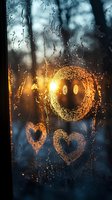 Smiley face and hearts drawn on foggy window with sunset glow shining through, creating atmospheric mood for greeting cards or social media.