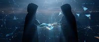 Two hooded figures shake hands in futuristic digital environment with glowing network connections and geometric elements for business partnership concepts.