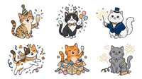 Cartoon cats celebrating with party elements, confetti, and festive decorations in various poses. Isolated clipart suitable for greeting cards, invitations, t-shirts, and design projects.