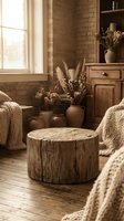 Rustic wooden stump table in cozy living room with dried pampas grass, ceramic vases, knit chairs, and brick walls for home decor styling.
