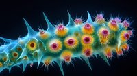 Colorful microscopic marine organism with spiky protrusions and vibrant yellow, pink, and turquoise patterns against dark background, scientific macro photography.