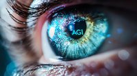 Extreme macro of human eye with digital technology reflection showing AGI text. Futuristic concept combining artificial intelligence and human vision in blue tones.