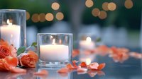 Romantic setting with glowing candles in glass holders surrounded by delicate coral rose petals on dark surface, soft bokeh lights in background.
