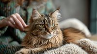 Adorable long-haired tabby cat relaxing on cozy beige blanket while being petted, perfect for pet care, veterinary services or animal companionship concepts.