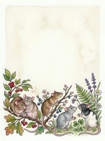 Watercolor mice and rats among wildflowers, berries, and ferns on aged paper background with copy space for text or greeting cards.
