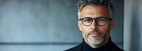 Mature Caucasian businessman with gray hair, beard and glasses wearing black turtleneck sweater looking confidently at camera against blurred background.