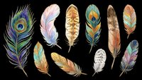 Colorful watercolor feathers set isolated on transparent background, ready for t-shirt design, stickers, clipart, sublimation, and print on demand projects.