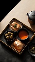 Elegant tea ceremony setting with traditional pastries, olives and black teapot on wooden tray. Moody lighting creates sophisticated dining atmosphere.