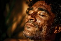 Peaceful African American man with closed eyes and gray beard in warm golden light showing serenity and contemplation for wellness content.
