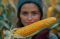 Young Caucasian woman in knit beanie holding fresh corn on cob, natural autumn setting with soft lighting and bokeh background, agricultural harvest concept.