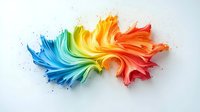 Vibrant rainbow colored paint splash with dynamic fluid motion effect on white background, flowing from blue to red in spectrum colors with detailed texture.
