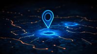 Glowing blue location pin marker hovering over digital circuit map with orange network connections on dark background. Futuristic navigation concept.