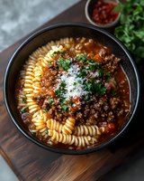 Homemade fusilli pasta with rich meat sauce, grated parmesan cheese and fresh herbs served in black bowl on wooden surface, garnished with parsley.