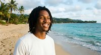 Happy young Black man with dreadlocks smiling on tropical beach with palm trees and turquoise ocean water during golden hour vacation moment.