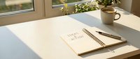 Blank notebook with pen on white desk by window with plant and coffee mug, workspace for writing, planning, or creative work.