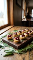 Gourmet appetizer tartlets with cranberry sauce and fresh rosemary herbs on wooden board in rustic kitchen setting for holiday entertaining and catering.