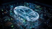 Futuristic holographic car wireframe model floating above electronic circuit board with glowing blue lights representing automotive technology innovation.