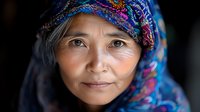 Mature Asian woman wearing colorful traditional headscarf with intricate patterns, gentle smile and peaceful expression against dark background, soft natural lighting.