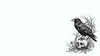 Detailed black and white sketch of a perched crow on bare branches with intricate line work, isolated on white background for design projects.