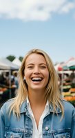 Happy young woman with blonde hair wearing denim jacket at farmers market on sunny day, suitable for lifestyle, agriculture, and community content.
