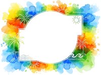 Vibrant watercolor tropical frame with palm trees, sun and waves. Colorful summer border for vacation designs, travel posters and beach themed projects.