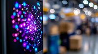Vibrant purple and blue bokeh light burst effect on dark background with blurred retail space, creating magical atmosphere for festive or celebration designs.