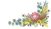 Tropical floral arrangement with protea flower, eucalyptus leaves and native plants isolated on white background for wedding invitations and greeting cards.