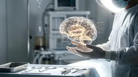 Medical professional holding holographic brain model in modern operating room with advanced surgical equipment and technology for neurosurgery education.