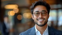 Young Asian businessman smiling confidently in modern office environment with warm bokeh lighting background for corporate and professional use.
