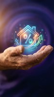 Hands holding glowing house icon with percentage symbol and arrows representing mortgage rates, real estate investment, and property financing concepts.