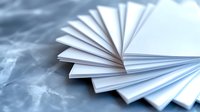 Stack of white blank paper sheets fanned out on marble surface for office supplies, printing, documentation, stationery, business materials and workspace organization.