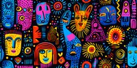 Vibrant ethnic faces pattern with abstract sun symbols and geometric elements in neon colors on black background. Modern tribal art style seamless design for fabric and decor.