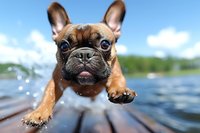 Adorable French bulldog puppy swimming in lake water with wooden dock and blue sky background for pet lifestyle content.