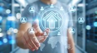Professional businessman touching digital home icon with connected user network symbols representing smart home technology and real estate connectivity.
