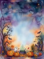 Watercolor Halloween border frame with pumpkins, ghost, bats, haunted house, and cauldron on starry night sky background with copy space.