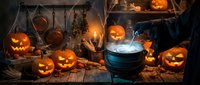 Carved jack-o-lanterns with glowing faces surround a bubbling cauldron in a spooky witch's kitchen setup. Use for seasonal decorations and Halloween party themes.