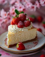 Creamy cheesecake slice topped with fresh strawberries and whipped cream on plate, cherry blossom background creates romantic spring mood for food photography.