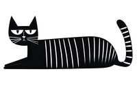 Black cat with striped pattern and sleepy eyes in minimalist style, isolated on white background for graphic design projects.