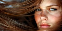 Young woman with flowing brown hair and intense blue eyes in dramatic close-up portrait against dark background, wind effect creates dynamic movement.