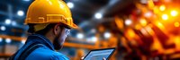 Industrial worker in yellow hard hat using digital tablet in manufacturing facility with bright orange furnace background for safety training materials.