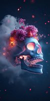 Mystical skull with pink peonies and glowing effects against dark blue sky with clouds and floating particles, creating surreal artistic composition.