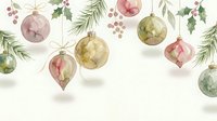 Watercolor Christmas ornaments hanging with pine branches and holly leaves in soft pastel colors for holiday decorations and seasonal greeting cards.