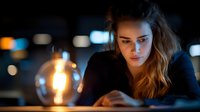 Young Caucasian woman illuminated by warm Edison bulb light looking at smartphone screen in dark room, creating moody atmospheric night ambiance.