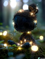 Mystical silhouette wrapped in glowing fairy lights sits on mossy ground against blurred bokeh background, creating magical forest atmosphere at dusk.