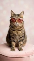 Adorable tabby cat wearing heart-shaped sunglasses sitting on pink cushion against soft bokeh background for Valentine's Day and love themes.