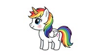 Cute white unicorn with rainbow mane and tail, golden horn, kawaii style cartoon character isolated on white background for children designs.