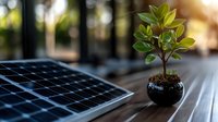 Young green plant growing in small pot next to solar panel on wooden surface, representing sustainable energy and environmental conservation concept.